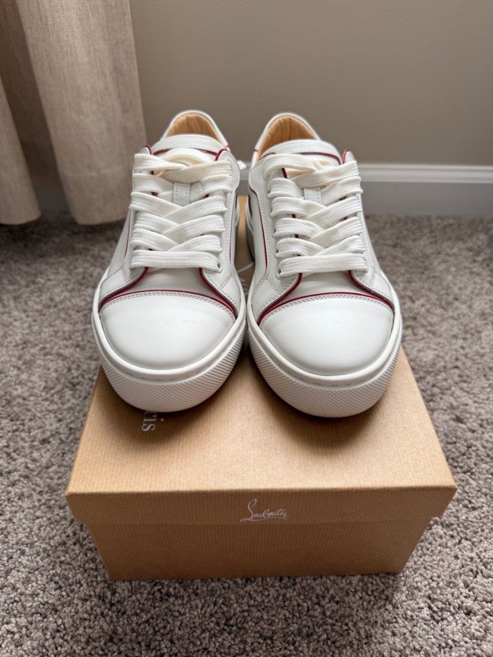 Christian Louboutin White Vieirissima Leather Sneakers with Red Piping
